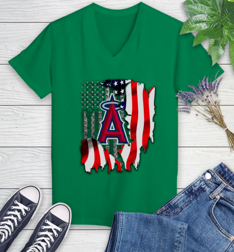 Los Angeles Angels MLB Baseball American Flag Women's V-Neck T-Shirt 5