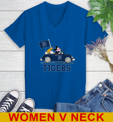 MLB Baseball Detroit Tigers Pluto Mickey Driving Disney Shirt Women's V-Neck T-Shirt 11