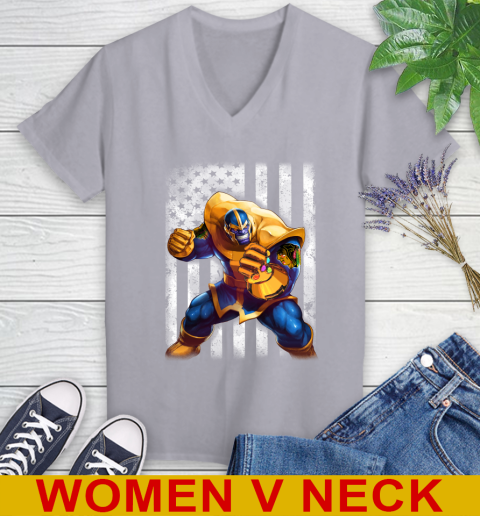 NHL Hockey Chicago Blackhawks Thanos Marvel American Flag Shirt Women's V-Neck T-Shirt 4