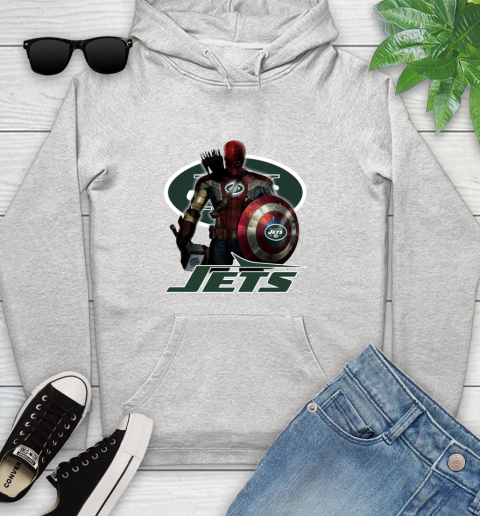 NFL Captain America Thor Spider Man Hawkeye Avengers Endgame Football New York Jets Youth Hoodie