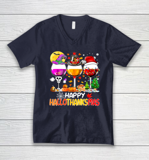 Halloween Thanksgiving Christmas Happy Hallothanksmas Wine V-Neck T-Shirt 2