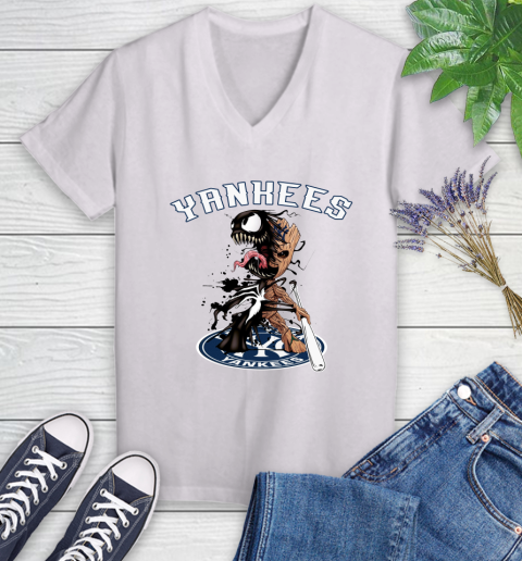 MLB New York Yankees Baseball Venom Groot Guardians Of The Galaxy Women's V-Neck T-Shirt