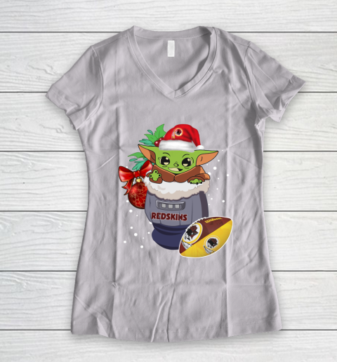 Washington Redskins Christmas Baby Yoda Star Wars Funny Happy NFL Women's V-Neck T-Shirt 2