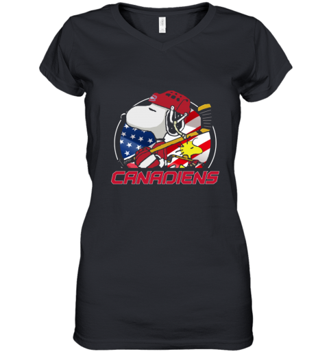 lm7t montreal canadienssnoopy and woodstock nhl women v neck t shirt 39 front black