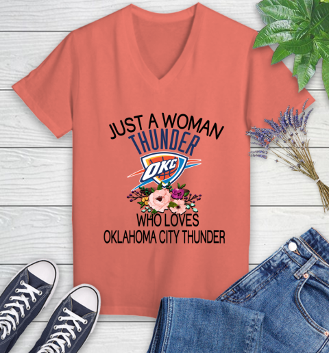 NBA Just A Woman Who Loves Oklahoma City Thunder Basketball Sports Women's V-Neck T-Shirt 3