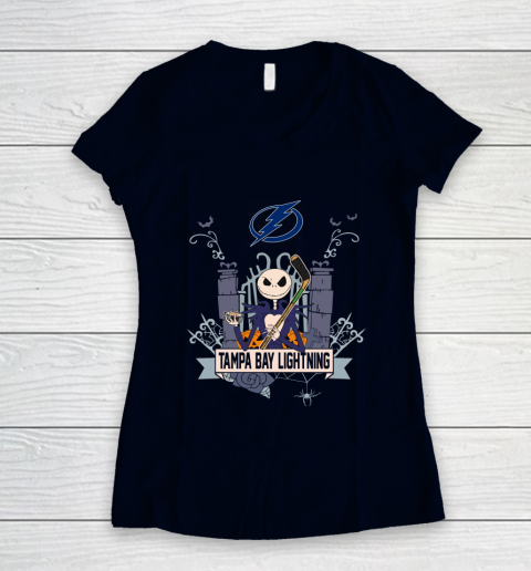 NHL Tampa Bay Lightning Hockey Jack Skellington Halloween Women's V-Neck T-Shirt 2