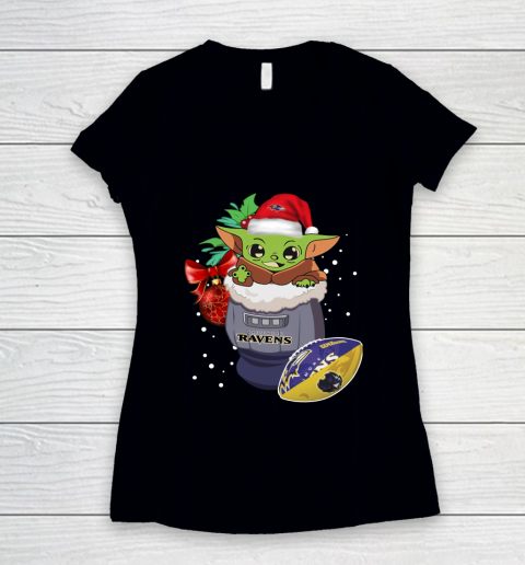 Baltimore Ravens Christmas Baby Yoda Star Wars Funny Happy NFL Women's V-Neck T-Shirt