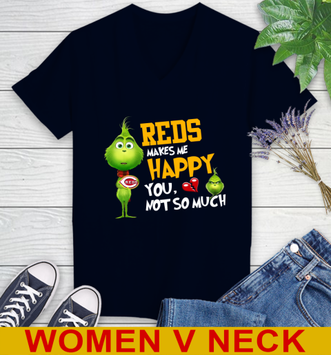 MLB Cincinnati Reds Makes Me Happy You Not So Much Grinch Baseball Sports Women's V-Neck T-Shirt 2