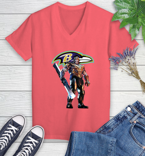NFL Thanos Gauntlet Avengers Endgame Football Baltimore Ravens Women's V-Neck T-Shirt 6