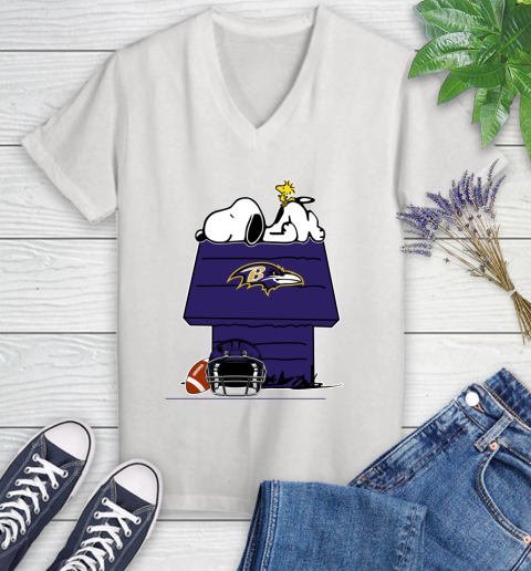 Baltimore Ravens NFL Football Snoopy Woodstock The Peanuts Movie Women's V-Neck T-Shirt