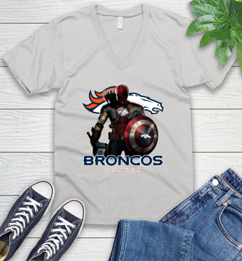 NFL Captain America Thor Spider Man Hawkeye Avengers Endgame Football Denver Broncos V-Neck T-Shirt