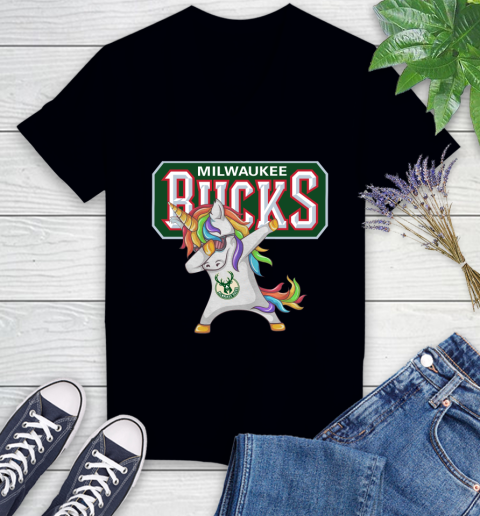 Milwaukee Bucks NBA Basketball Funny Unicorn Dabbing Sports Women's V-Neck T-Shirt 2