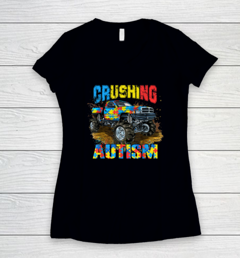 Crushing Autism Puzzle Monster Truck Autism Awareness Women's V-Neck T-Shirt