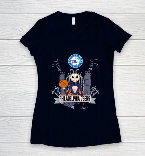 NBA Philadelphia 76ers Basketball Jack Skellington Halloween Women's V-Neck T-Shirt 2