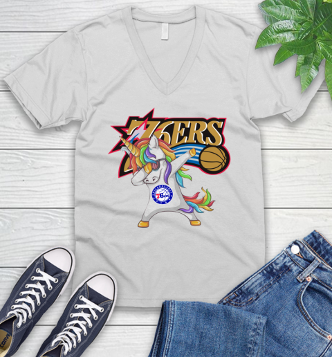 Philadelphia 76ers NBA Basketball Funny Unicorn Dabbing Sports V-Neck T-Shirt