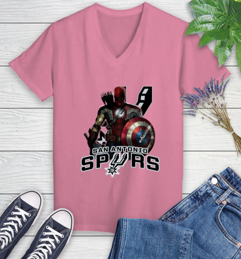 San Antonio Spurs NBA Basketball Captain America Thor Spider Man Hawkeye Avengers Women's V-Neck T-Shirt 13