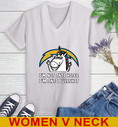 Los Angeles Chargers NFL Football Unicorn I'm Not Anti Hater I'm Anti Bullshit Women's V-Neck T-Shirt