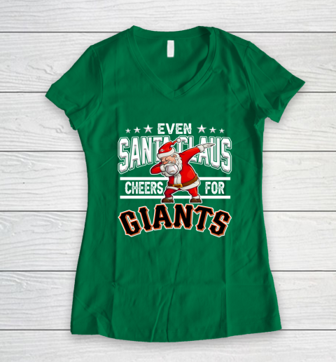 San Francisco Giants Even Santa Claus Cheers For Christmas MLB Women's V-Neck T-Shirt 3