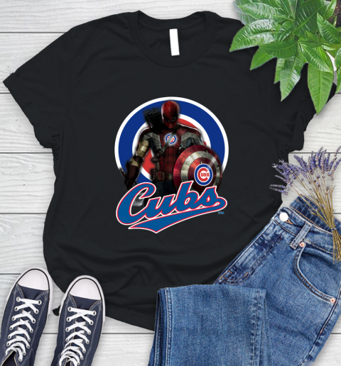 MLB Captain America Thor Spider Man Hawkeye Avengers Endgame Baseball Chicago Cubs Women's T-Shirt 2