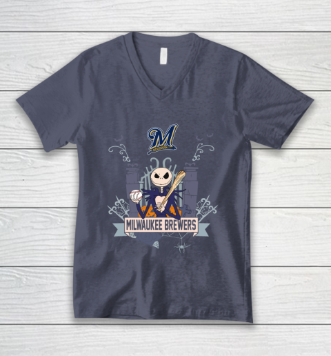 MLB Milwaukee Brewers Baseball Jack Skellington Halloween V-Neck T-Shirt 7
