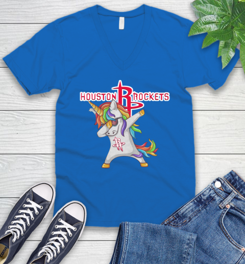 Houston Rockets NBA Basketball Funny Unicorn Dabbing Sports V-Neck T-Shirt 6