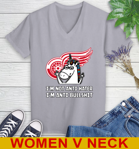 Detroit Red Wings NHL Hockey Unicorn I'm Not Anti Hater I'm Anti Bullshit Women's V-Neck T-Shirt 5