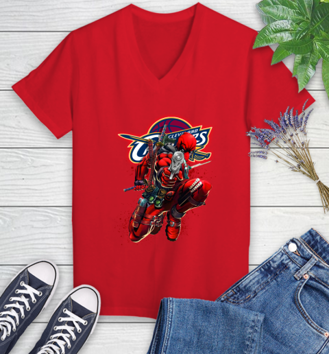 NBA Deadpool Marvel Comics Sports Basketball Cleveland Cavaliers Women's V-Neck T-Shirt 12