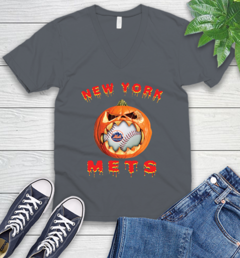 MLB New York Mets Halloween Pumpkin Baseball Sports V-Neck T-Shirt 5
