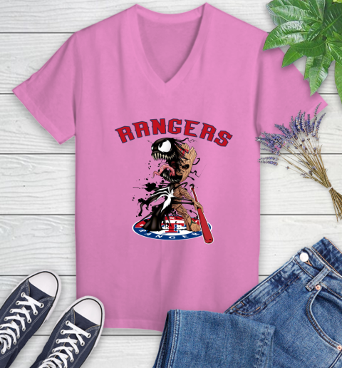 MLB Texas Rangers Baseball Venom Groot Guardians Of The Galaxy Women's V-Neck T-Shirt 14