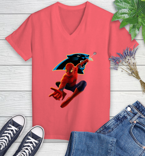 NFL Spider Man Avengers Endgame Football Carolina Panthers Women's V-Neck T-Shirt 6