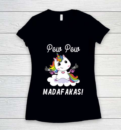 Pew Pew Madafakas fantasy funny unicorn with pistols Women's V-Neck T-Shirt
