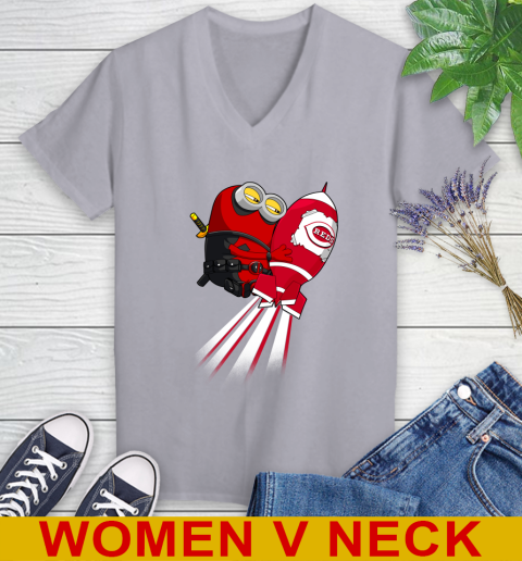 MLB Baseball Cincinnatim Reds Deadpool Minion Marvel Shirt Women's V-Neck T-Shirt 4