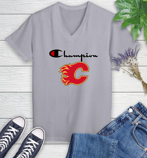 NHL Hockey Calgary Flames Champion Shirt Women's V-Neck T-Shirt 2