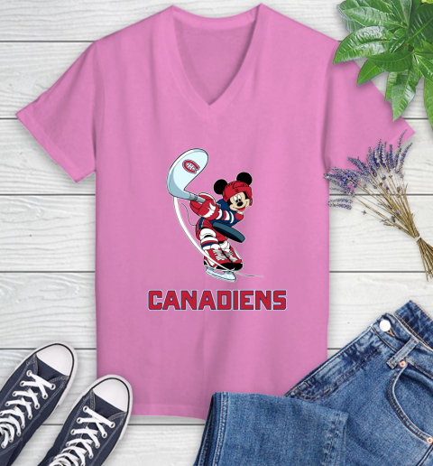 NHL Hockey Montreal Canadiens Cheerful Mickey Mouse Shirt Women's V-Neck T-Shirt - Image 13