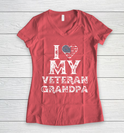I Love My Veteran Grandpa Vintage Veteran's Day Women's V-Neck T-Shirt 4