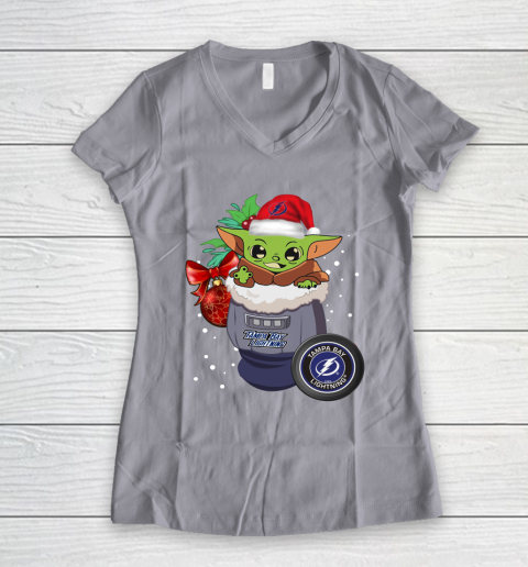 Tampa Bay Lightning Christmas Baby Yoda Star Wars Funny Happy NHL Women's V-Neck T-Shirt 4