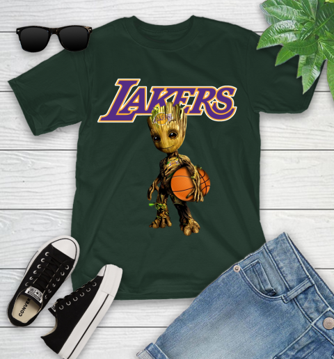 Los Angeles Lakers NBA Basketball Groot Marvel Guardians Of The Galaxy Youth T-Shirt 5