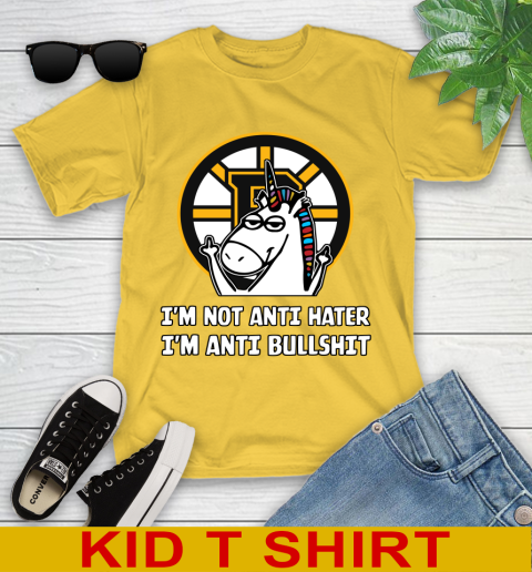 Boston Bruins NHL Hockey Unicorn I'm Not Anti Hater I'm Anti Bullshit Youth T-Shirt 8