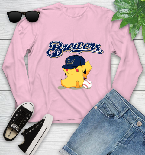 MLB Pikachu Baseball Sports Milwaukee Brewers Youth Long Sleeve 10