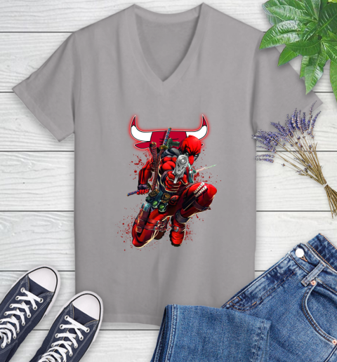NBA Deadpool Marvel Comics Sports Basketball Chicago Bulls Women's V-Neck T-Shirt 4