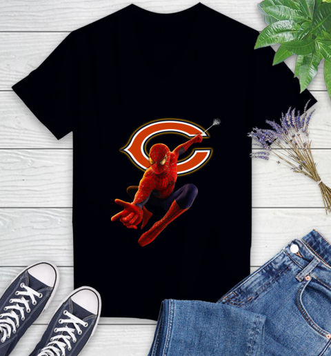 NFL Spider Man Avengers Endgame Football Chicago Bears Women's V-Neck T-Shirt 2