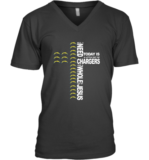 NFL All I Need Today Is A Little Bit Of Los Angeles Chargers And A Whole Lot Of Jesus Football qnMLEGX1oYz v neck unisex 8 95 151514 front black