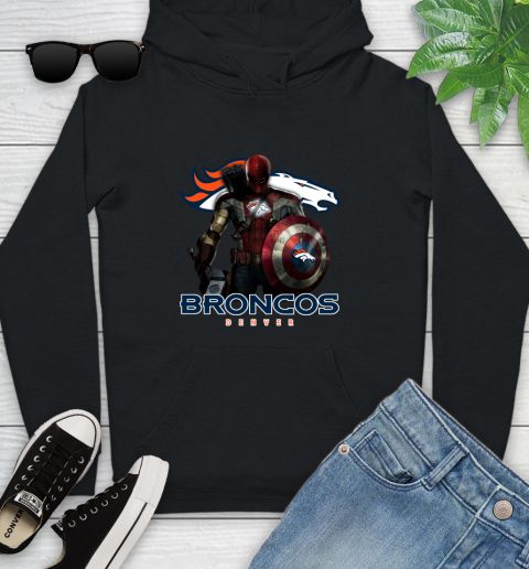 NFL Captain America Thor Spider Man Hawkeye Avengers Endgame Football Denver Broncos Youth Hoodie 2