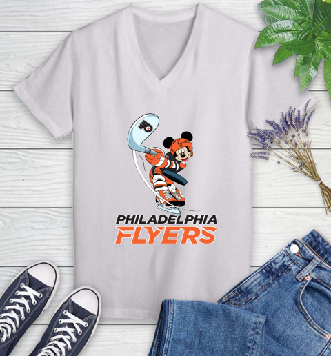 NHL Hockey Philadelphia Flyers Cheerful Mickey Mouse Shirt Women's V-Neck T-Shirt 2