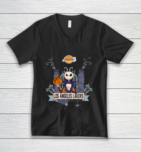 NBA Los Angeles Lakers Basketball Jack Skellington Halloween V-Neck T-Shirt