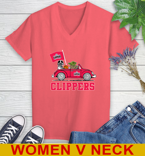 NBA Basketball LA Clippers Darth Vader Baby Yoda Driving Star Wars Shirt Women's V-Neck T-Shirt 7