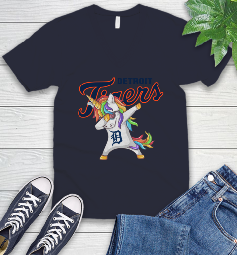 Detroit Tigers MLB Baseball Funny Unicorn Dabbing Sports V-Neck T-Shirt 3