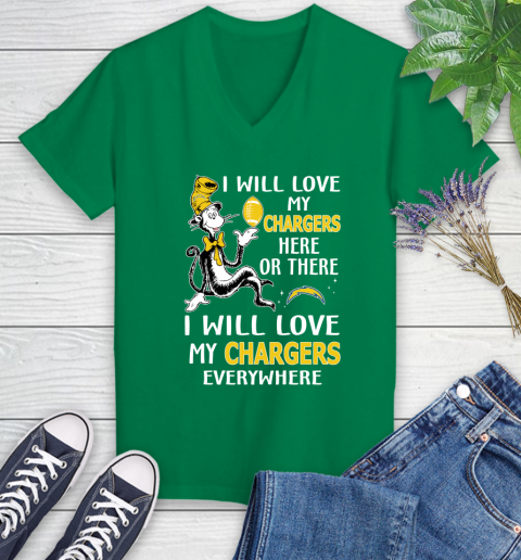 NFL Football Los Angeles Chargers I Will Love My Chargers Everywhere Dr Seuss Shirt Women's V-Neck T-Shirt 4