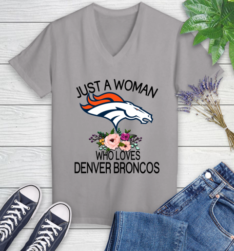 NFL Just A Woman Who Loves Denver Broncos Football Sports Women's V-Neck T-Shirt 2