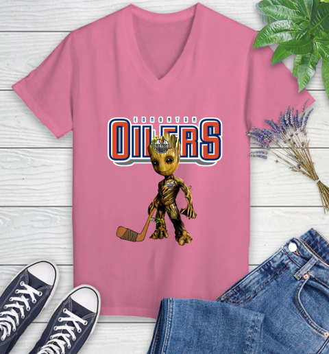 Edmonton Oilers NHL Hockey Groot Marvel Guardians Of The Galaxy Women's V-Neck T-Shirt 13
